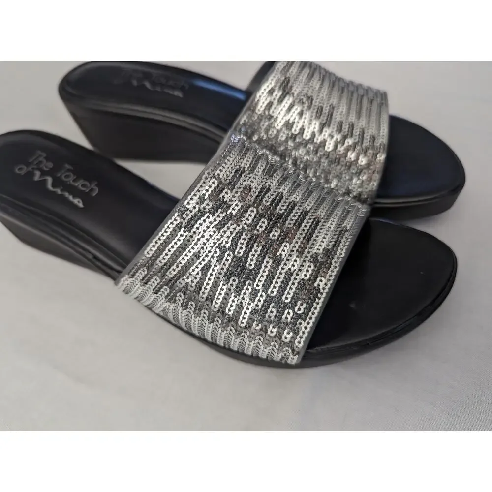 Nina Platform Sandals Size 8 Sequin Silver Metallic Y2K Chunky Sole Party Date